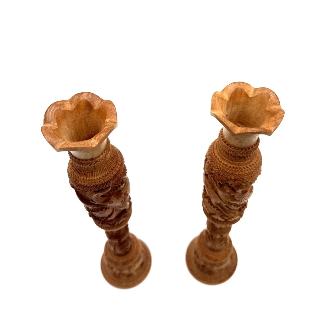 Pair Hand Carved‎ Wooden Flower Bud Vase Elephants Lions Home Garden Decor Art